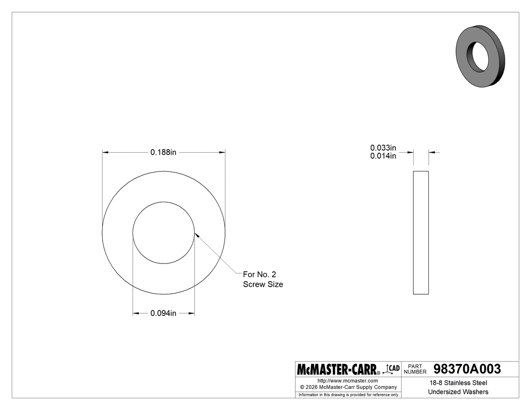 Technical Drawing of 18-8 Stainless Steel Undersized Washers, for Number 2 Screw Size.